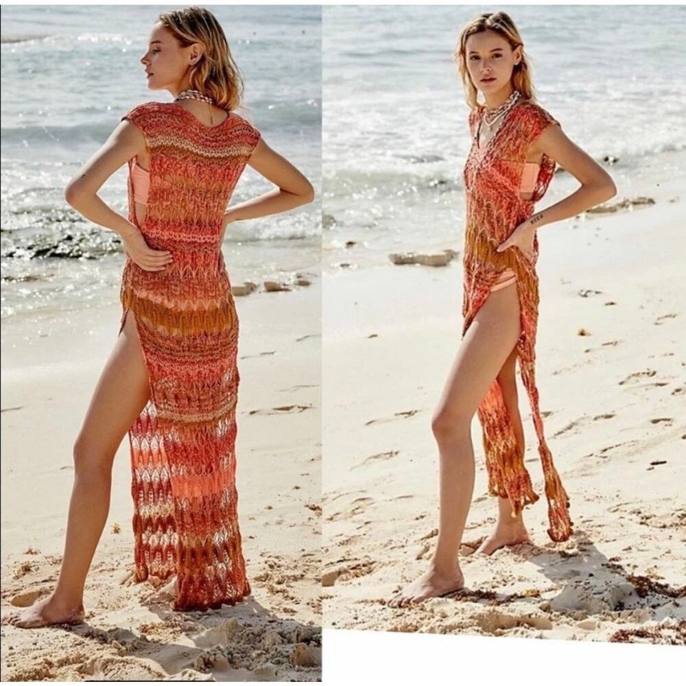 Free People Into The Flames Red Orange Crochet Coverup Dress Size M/L